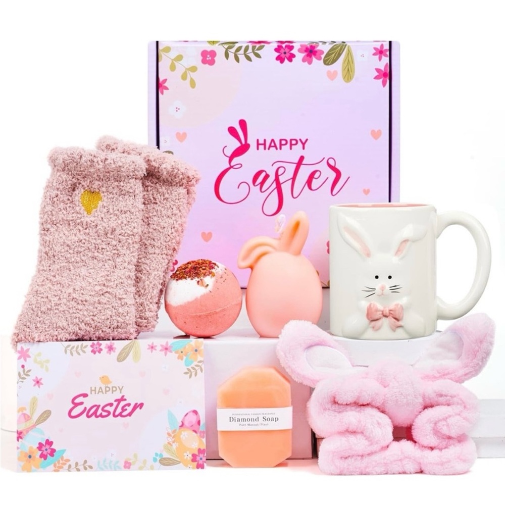 Pink Happy Easter Gift Basket Coffee Mug, Fuzzy Socks, Bath Bomb, Candle & More